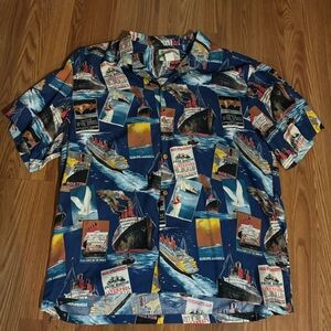 Paradise‎ Found Vintage Hawaiian Men's Blue Cruise Ship Postcard Graphic Shirt